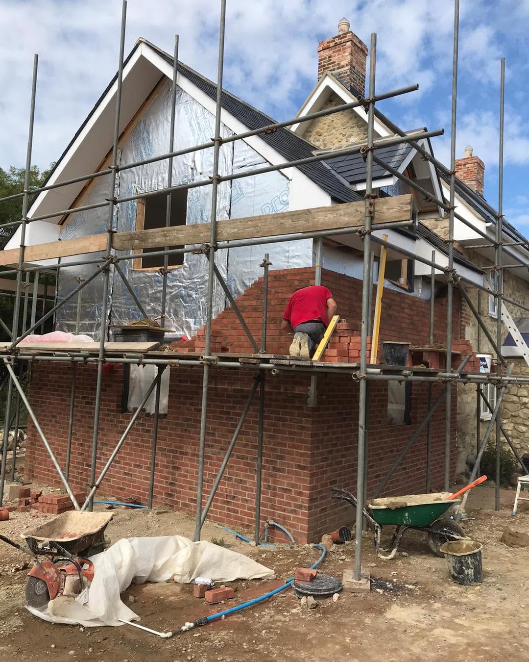 Brickwork in progress during home extension build by Kingswell & Cutler Construction, Isle of Wight
